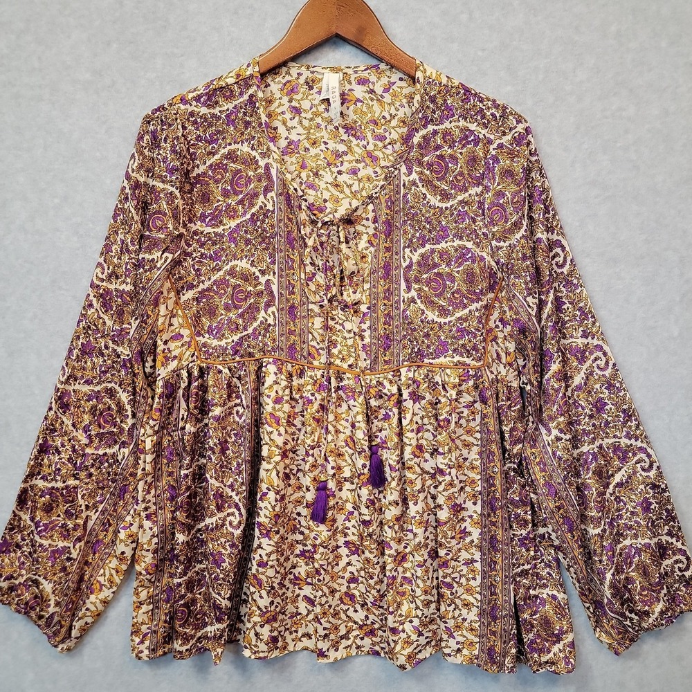 Anthropologie RAGA Boho Purple Floral TasselTie Peasant Blouse Long Sleeve Top L